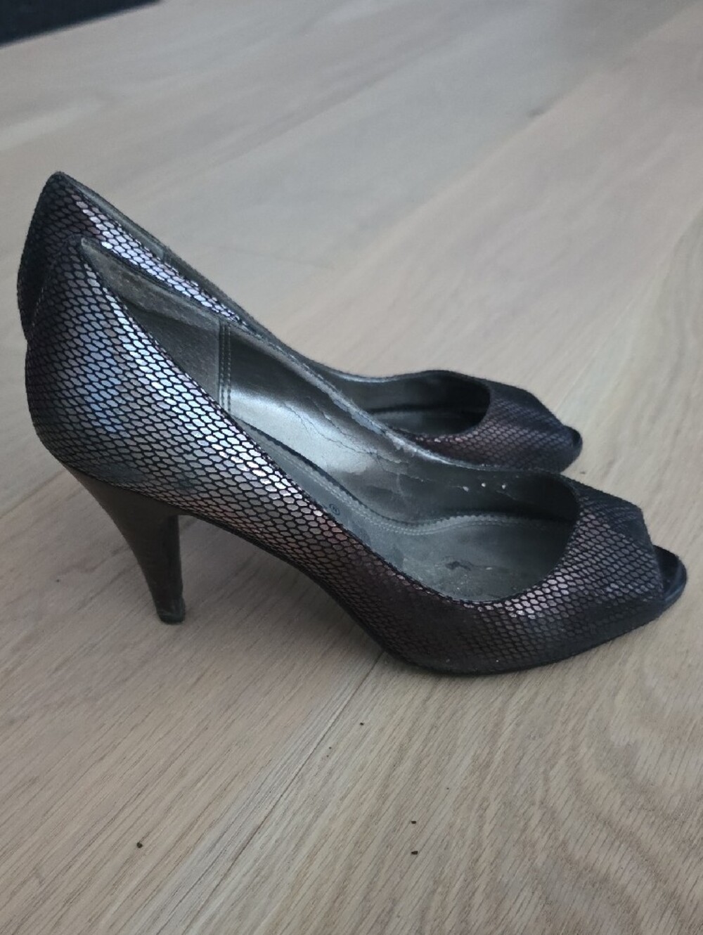 A. Marinelli Ombre Metallic Black/Bronze Snake-Print Peep-Toe Heels